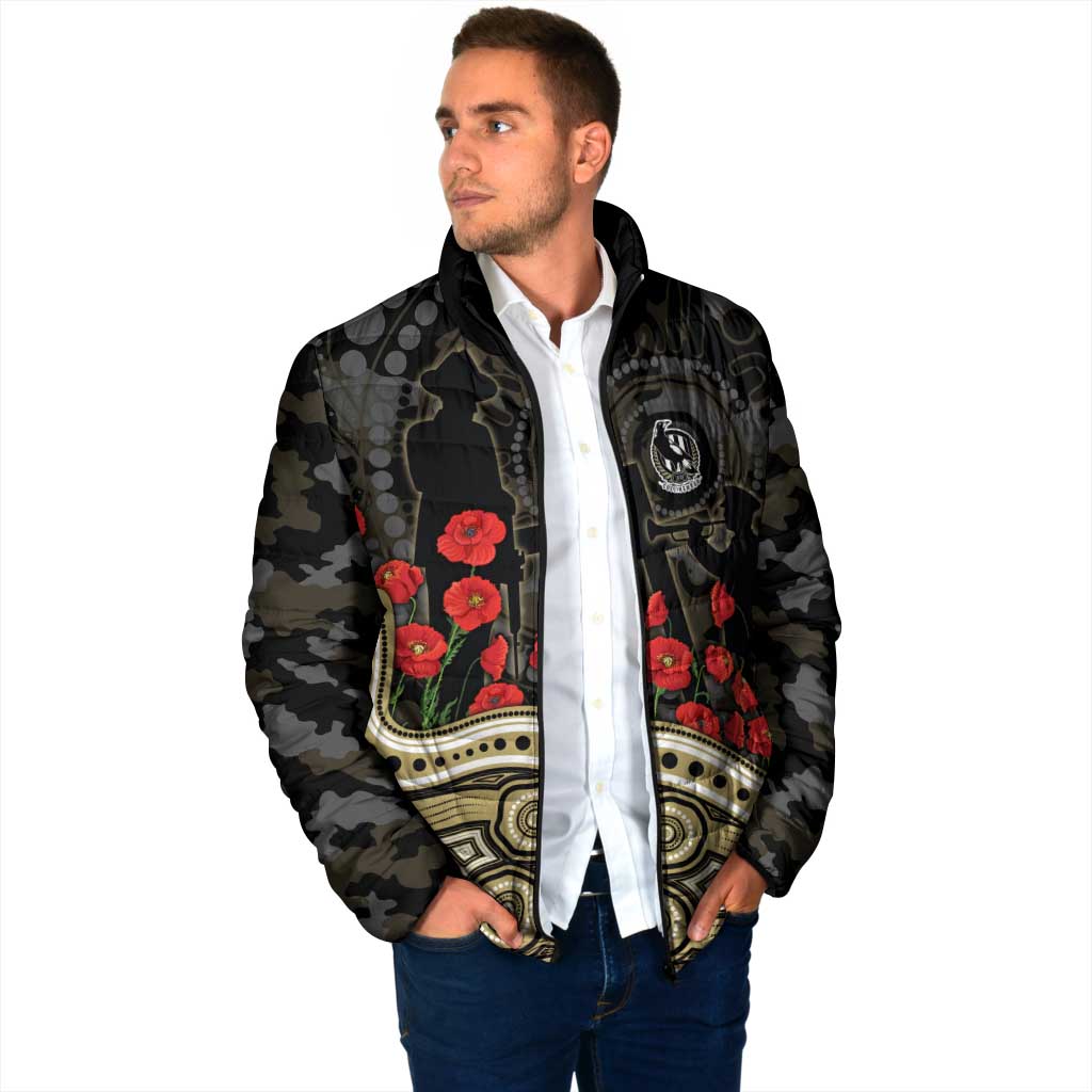 Collingwood Magpies ANZAC Day Padded Jacket Indigenous Dot Art with Poppy Flower Tribute