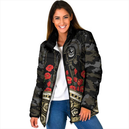 Collingwood Magpies ANZAC Day Padded Jacket Indigenous Dot Art with Poppy Flower Tribute