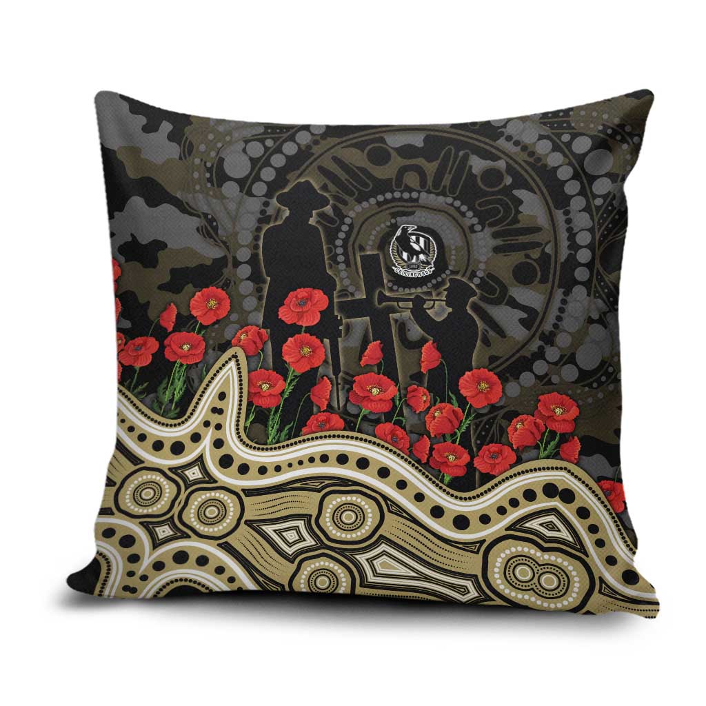 Collingwood Magpies ANZAC Day Pillow Cover Indigenous Dot Art with Poppy Flower Tribute