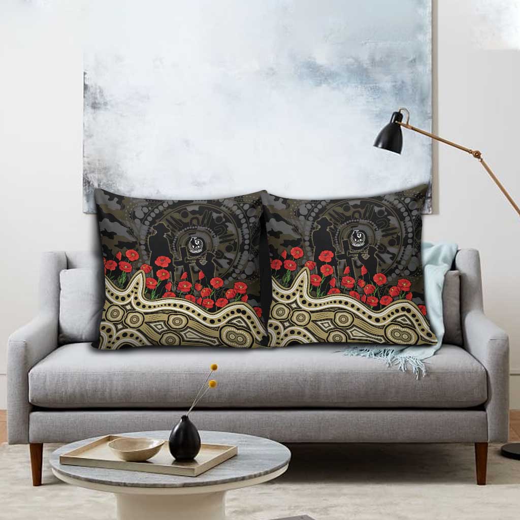 Collingwood Magpies ANZAC Day Pillow Cover Indigenous Dot Art with Poppy Flower Tribute