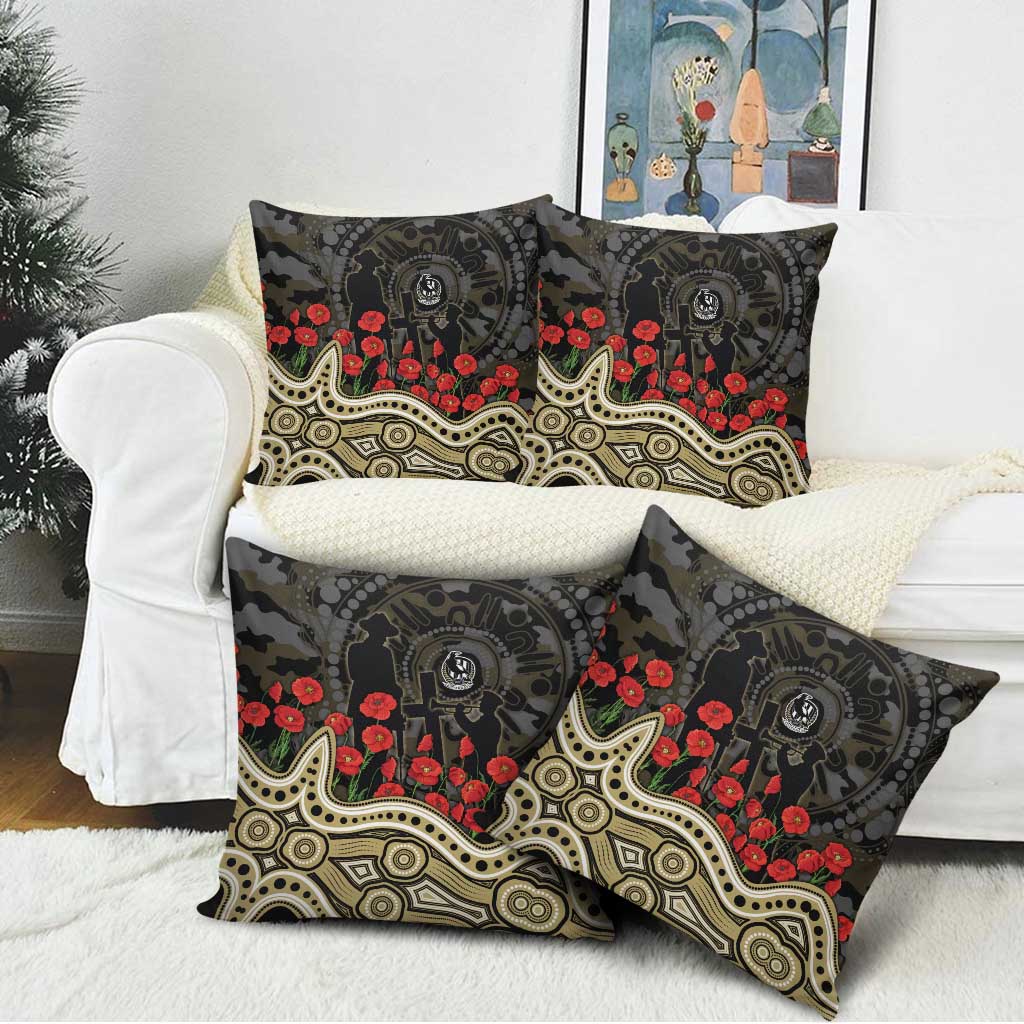 Collingwood Magpies ANZAC Day Pillow Cover Indigenous Dot Art with Poppy Flower Tribute