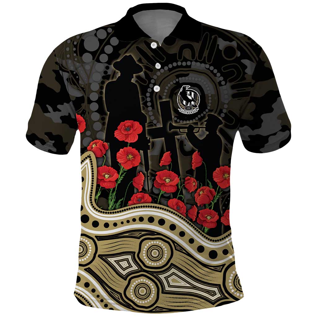 Collingwood Magpies ANZAC Day Polo Shirt Indigenous Dot Art with Poppy Flower Tribute