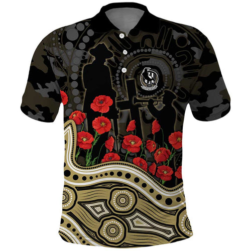 Collingwood Magpies ANZAC Day Polo Shirt Indigenous Dot Art with Poppy Flower Tribute