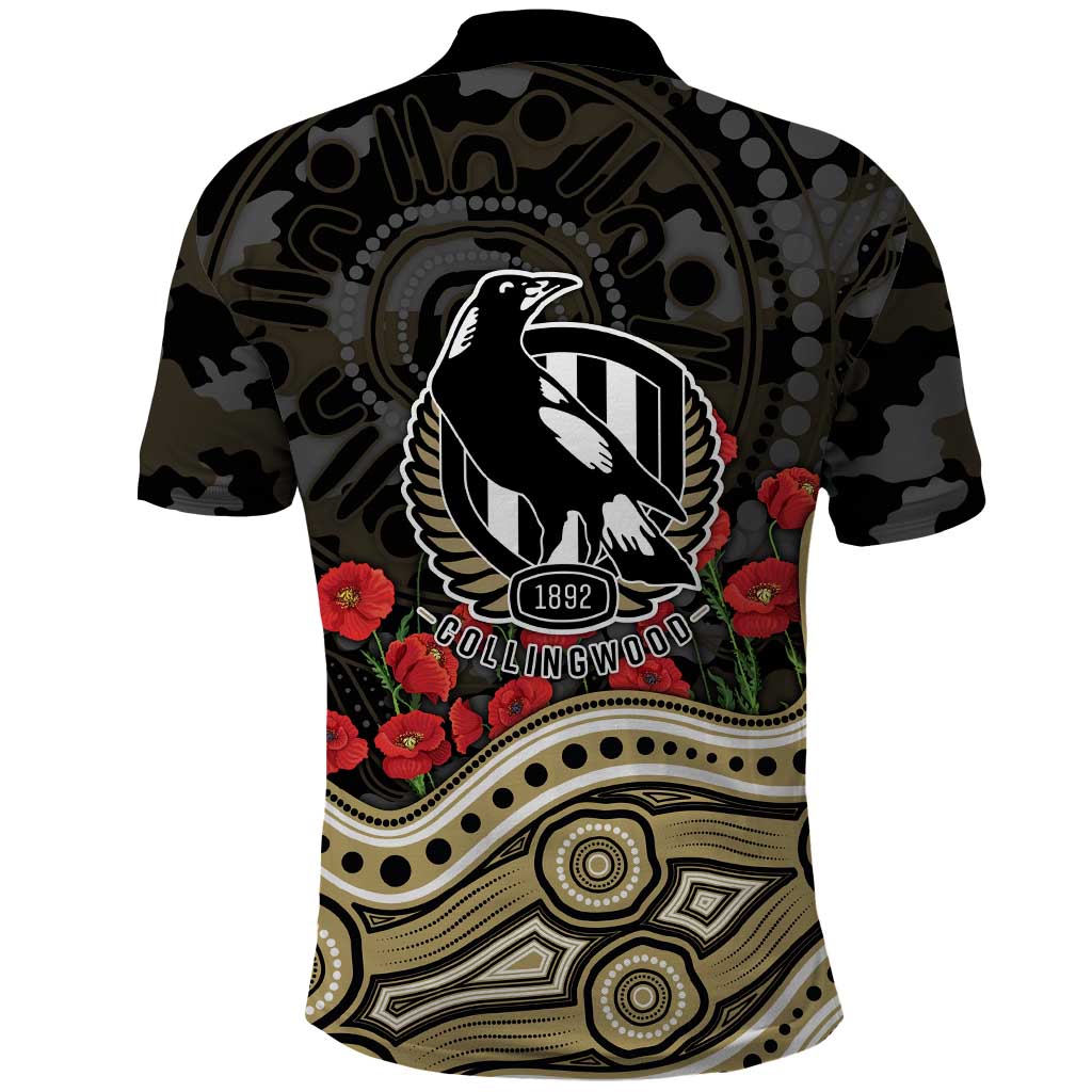 Collingwood Magpies ANZAC Day Polo Shirt Indigenous Dot Art with Poppy Flower Tribute