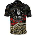 Collingwood Magpies ANZAC Day Polo Shirt Indigenous Dot Art with Poppy Flower Tribute
