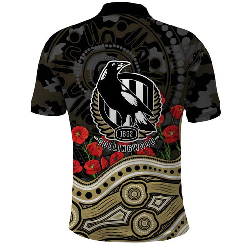 Collingwood Magpies ANZAC Day Polo Shirt Indigenous Dot Art with Poppy Flower Tribute