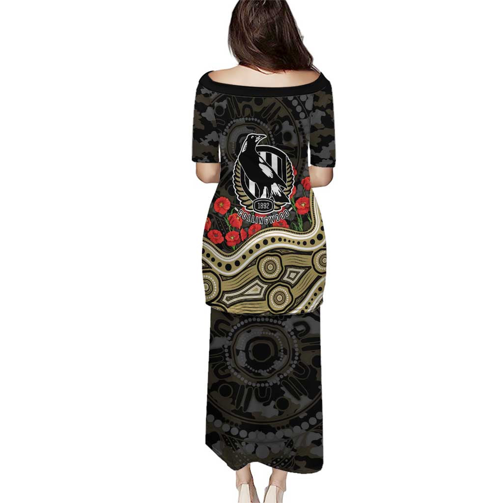 Collingwood Magpies ANZAC Day Puletasi Indigenous Dot Art with Poppy Flower Tribute