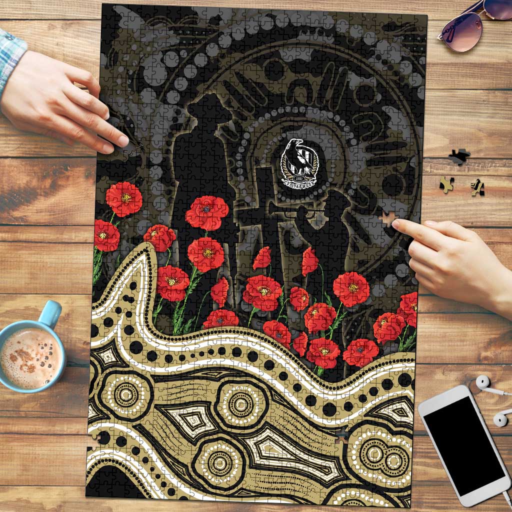 Collingwood Magpies ANZAC Day Puzzle Indigenous Dot Art with Poppy Flower Tribute
