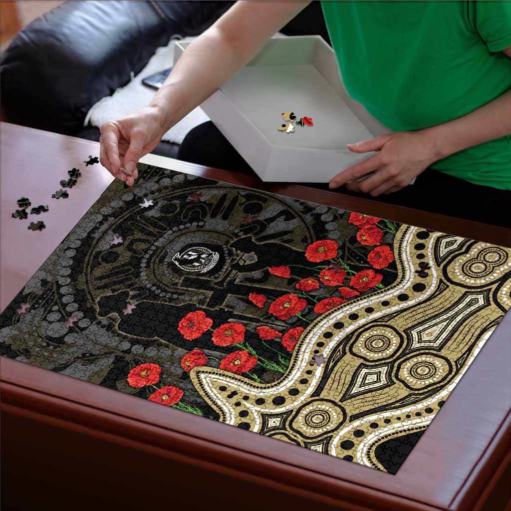 Collingwood Magpies ANZAC Day Puzzle Indigenous Dot Art with Poppy Flower Tribute