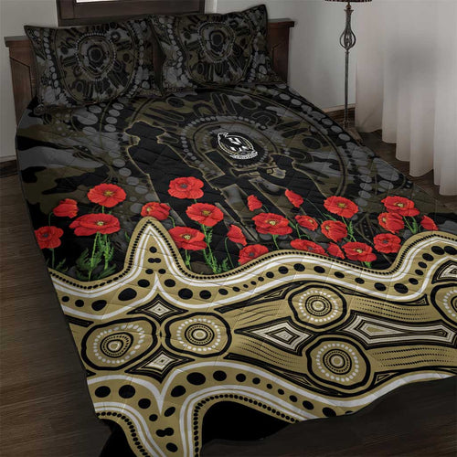 Collingwood Magpies ANZAC Day Quilt Bed Set Indigenous Dot Art with Poppy Flower Tribute