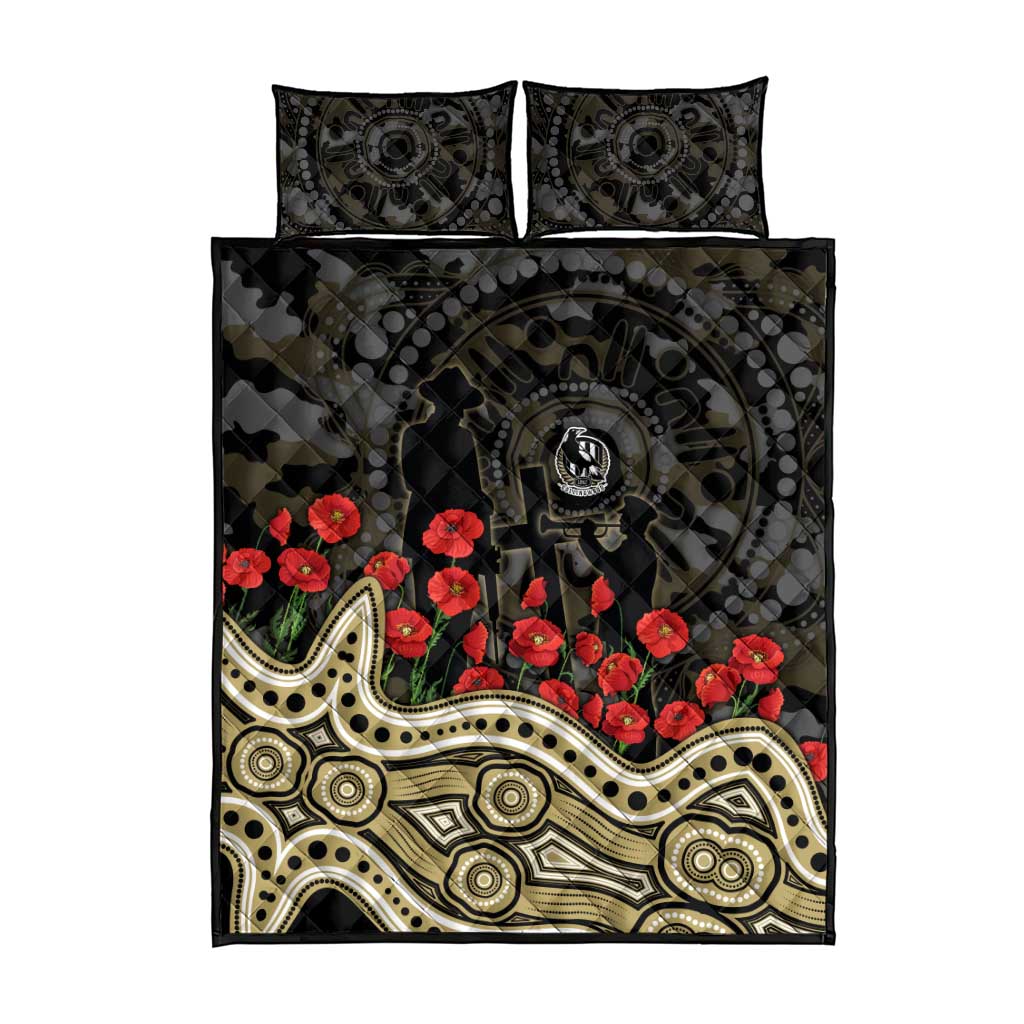 Collingwood Magpies ANZAC Day Quilt Bed Set Indigenous Dot Art with Poppy Flower Tribute