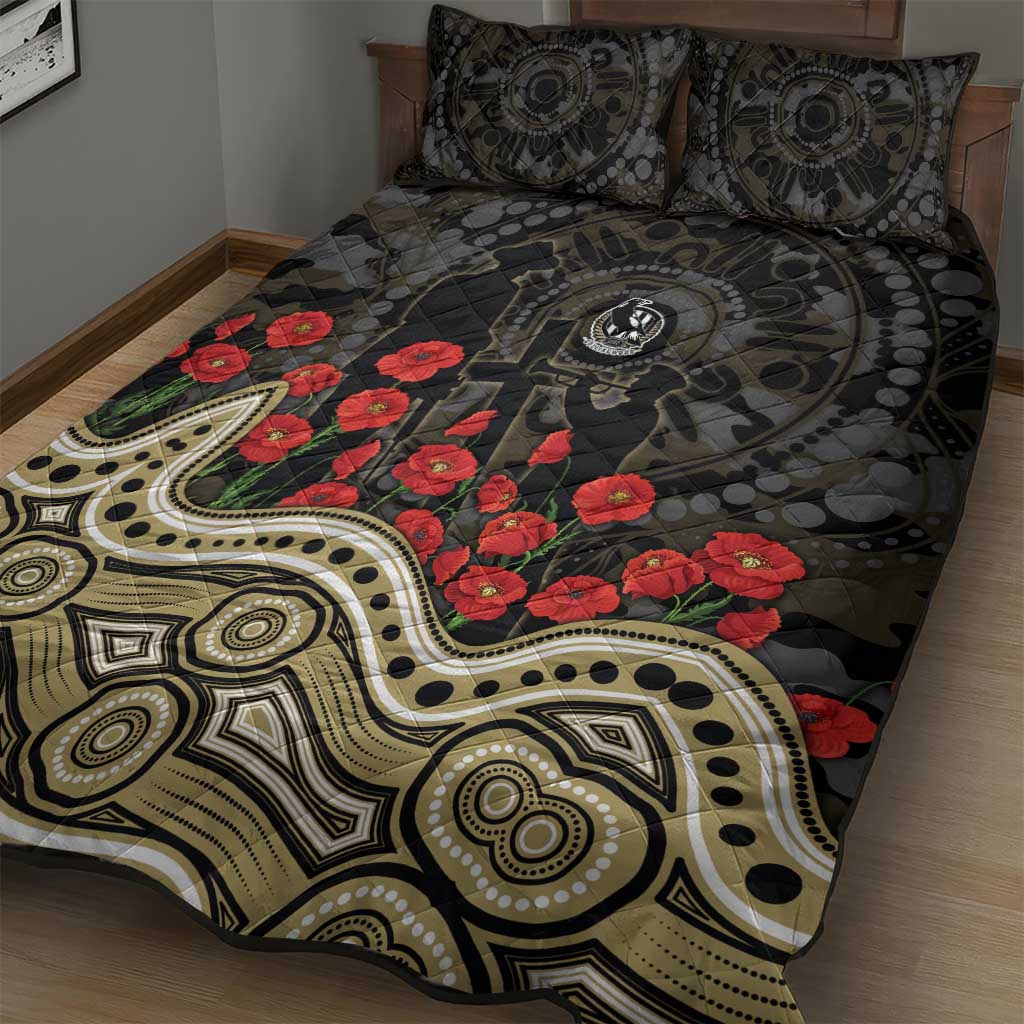 Collingwood Magpies ANZAC Day Quilt Bed Set Indigenous Dot Art with Poppy Flower Tribute
