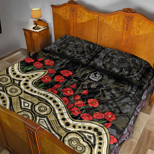 Collingwood Magpies ANZAC Day Quilt Bed Set Indigenous Dot Art with Poppy Flower Tribute