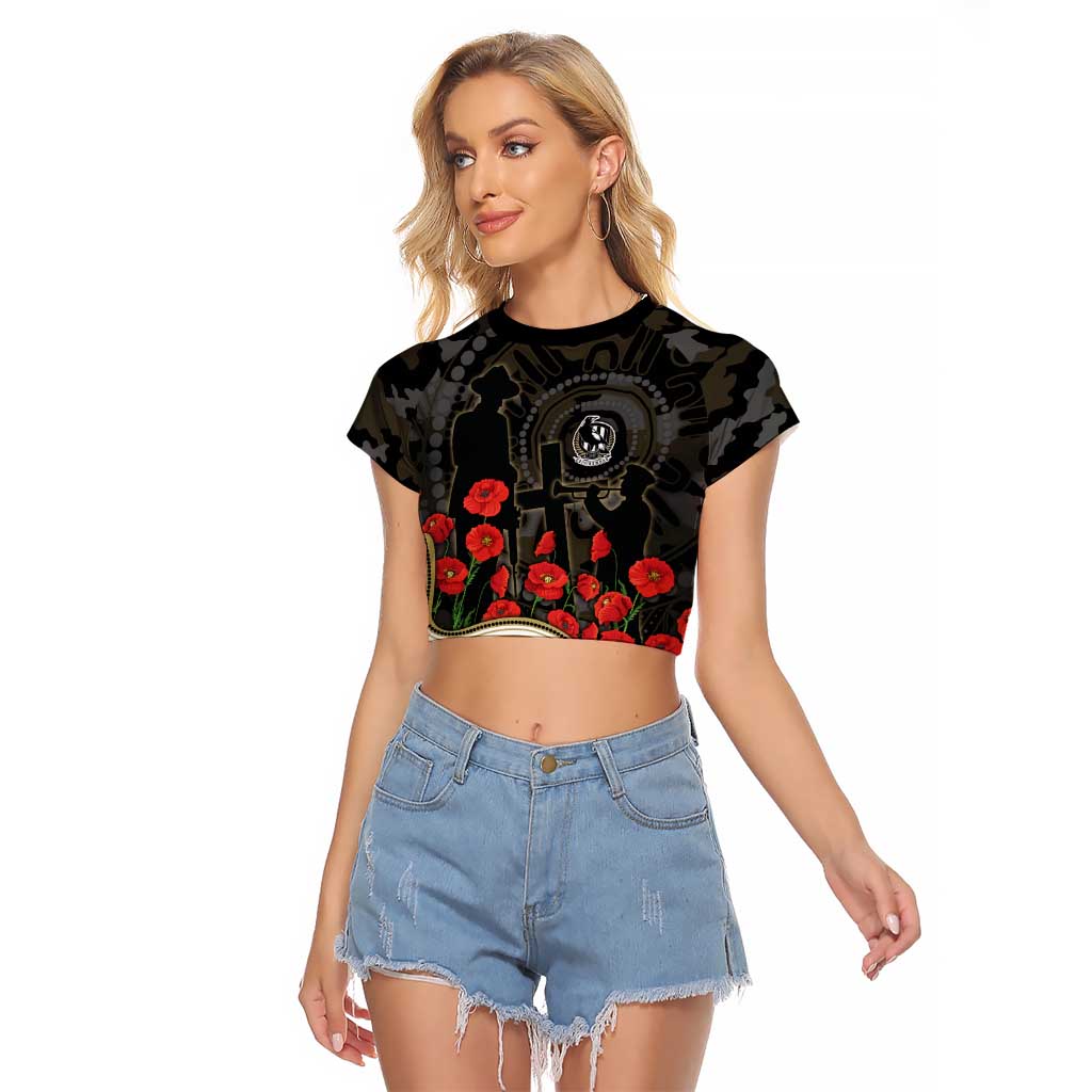 Collingwood Magpies ANZAC Day Raglan Cropped T Shirt Indigenous Dot Art with Poppy Flower Tribute