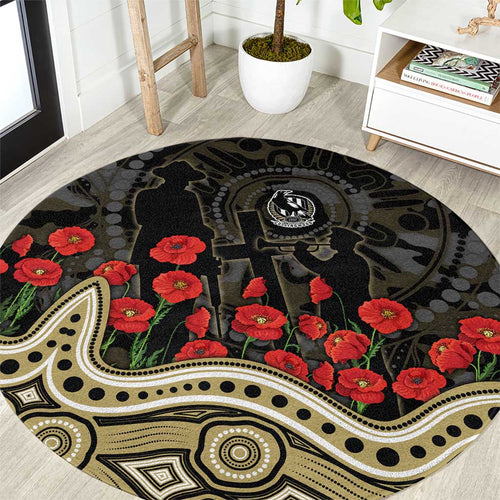 Collingwood Magpies ANZAC Day Round Carpet Indigenous Dot Art with Poppy Flower Tribute