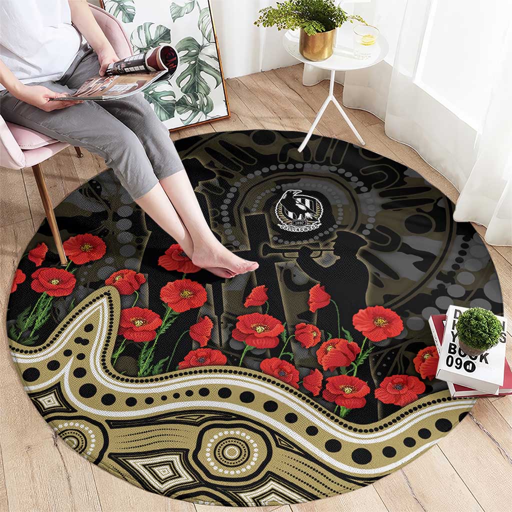 Collingwood Magpies ANZAC Day Round Carpet Indigenous Dot Art with Poppy Flower Tribute
