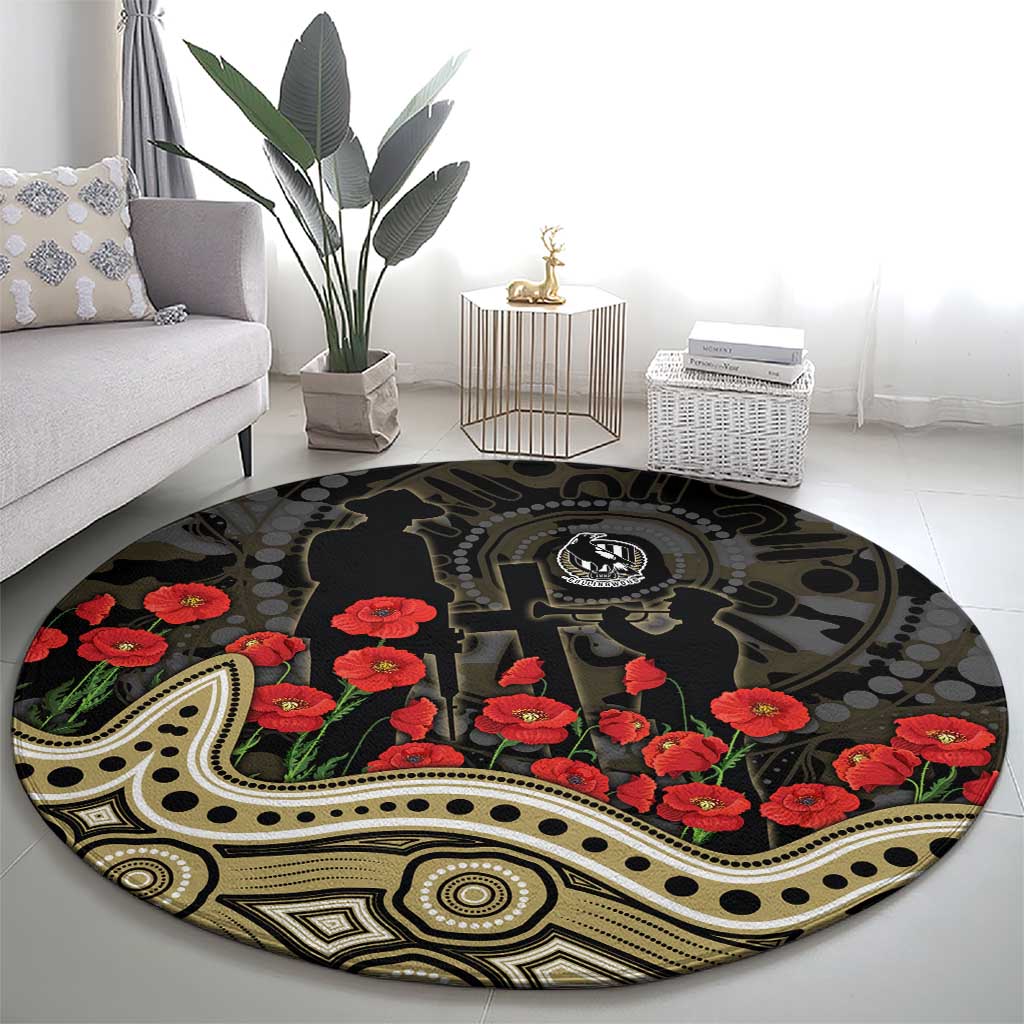 Collingwood Magpies ANZAC Day Round Carpet Indigenous Dot Art with Poppy Flower Tribute