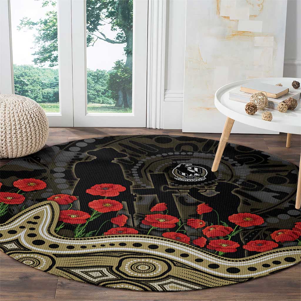 Collingwood Magpies ANZAC Day Round Carpet Indigenous Dot Art with Poppy Flower Tribute