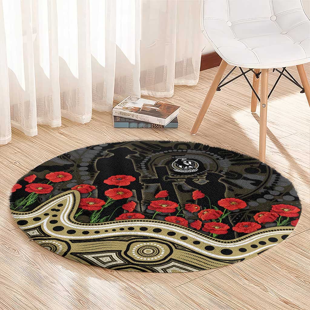 Collingwood Magpies ANZAC Day Round Carpet Indigenous Dot Art with Poppy Flower Tribute
