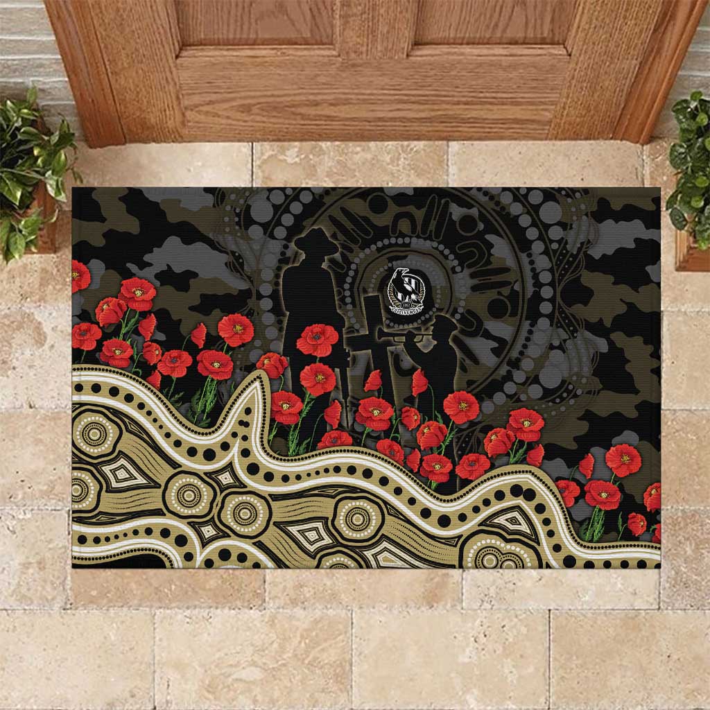 Collingwood Magpies ANZAC Day Rubber Doormat Indigenous Dot Art with Poppy Flower Tribute