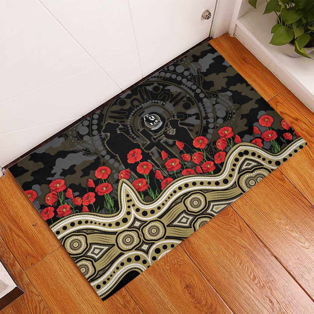 Collingwood Magpies ANZAC Day Rubber Doormat Indigenous Dot Art with Poppy Flower Tribute
