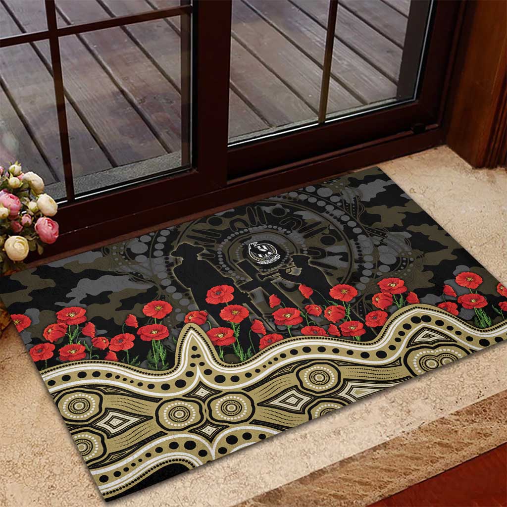 Collingwood Magpies ANZAC Day Rubber Doormat Indigenous Dot Art with Poppy Flower Tribute