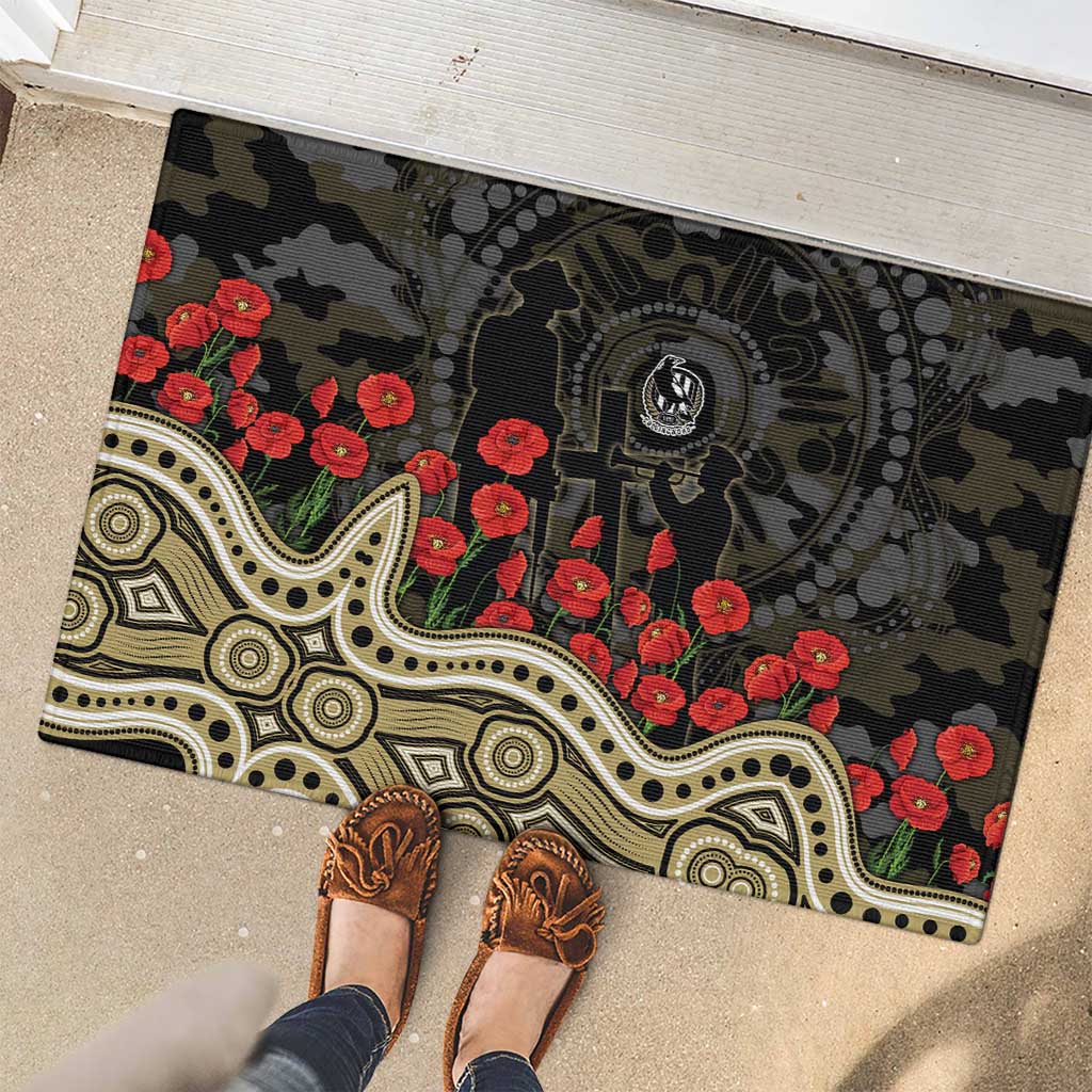 Collingwood Magpies ANZAC Day Rubber Doormat Indigenous Dot Art with Poppy Flower Tribute