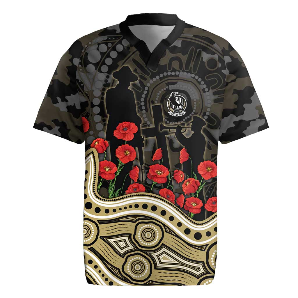 Collingwood Magpies ANZAC Day Rugby Jersey Indigenous Dot Art with Poppy Flower Tribute