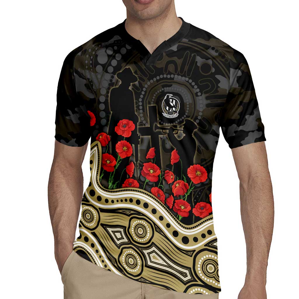 Collingwood Magpies ANZAC Day Rugby Jersey Indigenous Dot Art with Poppy Flower Tribute