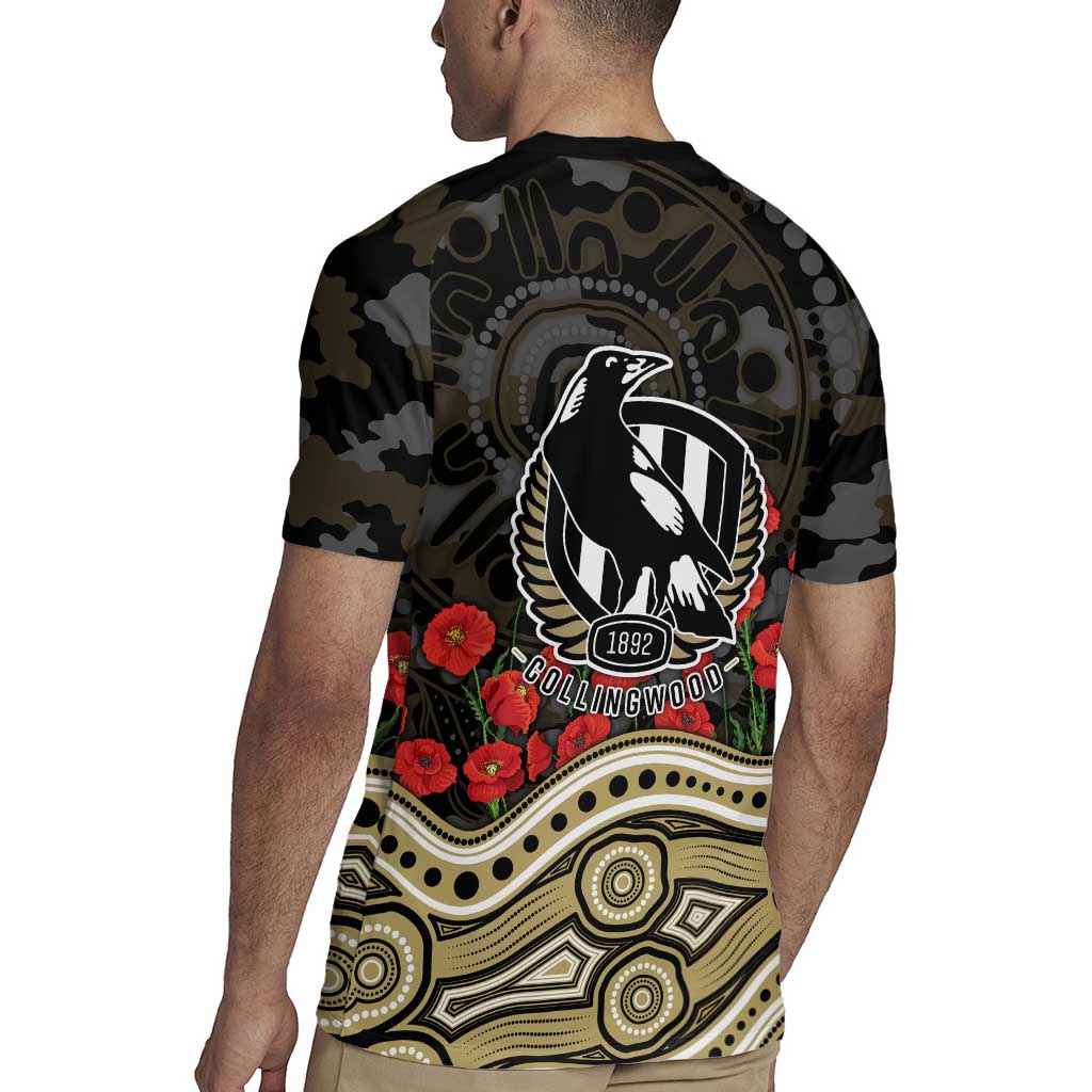 Collingwood Magpies ANZAC Day Rugby Jersey Indigenous Dot Art with Poppy Flower Tribute