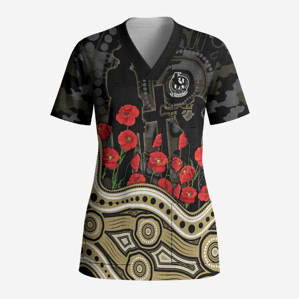 Collingwood Magpies ANZAC Day Scrub Top Indigenous Dot Art with Poppy Flower Tribute