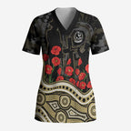 Collingwood Magpies ANZAC Day Scrub Top Indigenous Dot Art with Poppy Flower Tribute