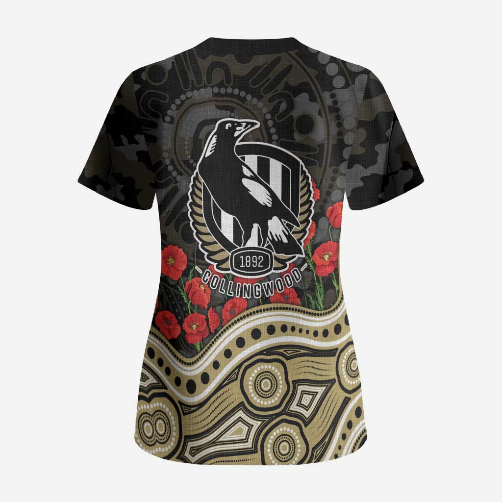 Collingwood Magpies ANZAC Day Scrub Top Indigenous Dot Art with Poppy Flower Tribute