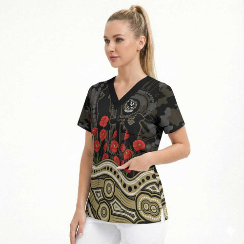Collingwood Magpies ANZAC Day Scrub Top Indigenous Dot Art with Poppy Flower Tribute