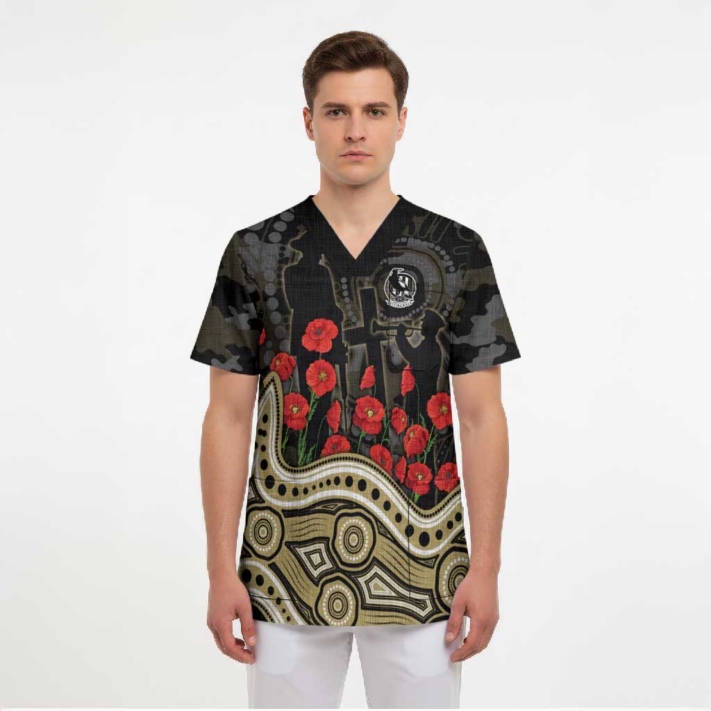 Collingwood Magpies ANZAC Day Scrub Top Indigenous Dot Art with Poppy Flower Tribute