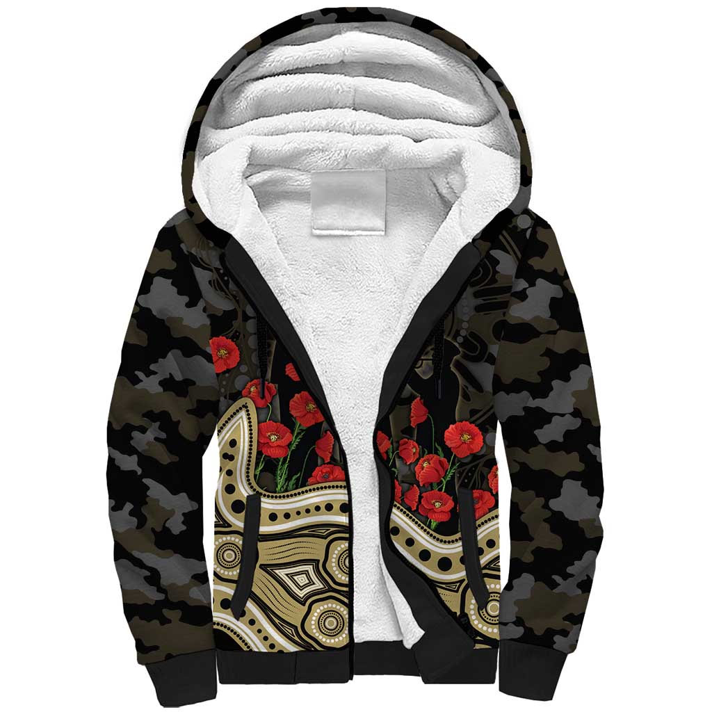 Collingwood Magpies ANZAC Day Sherpa Hoodie Indigenous Dot Art with Poppy Flower Tribute