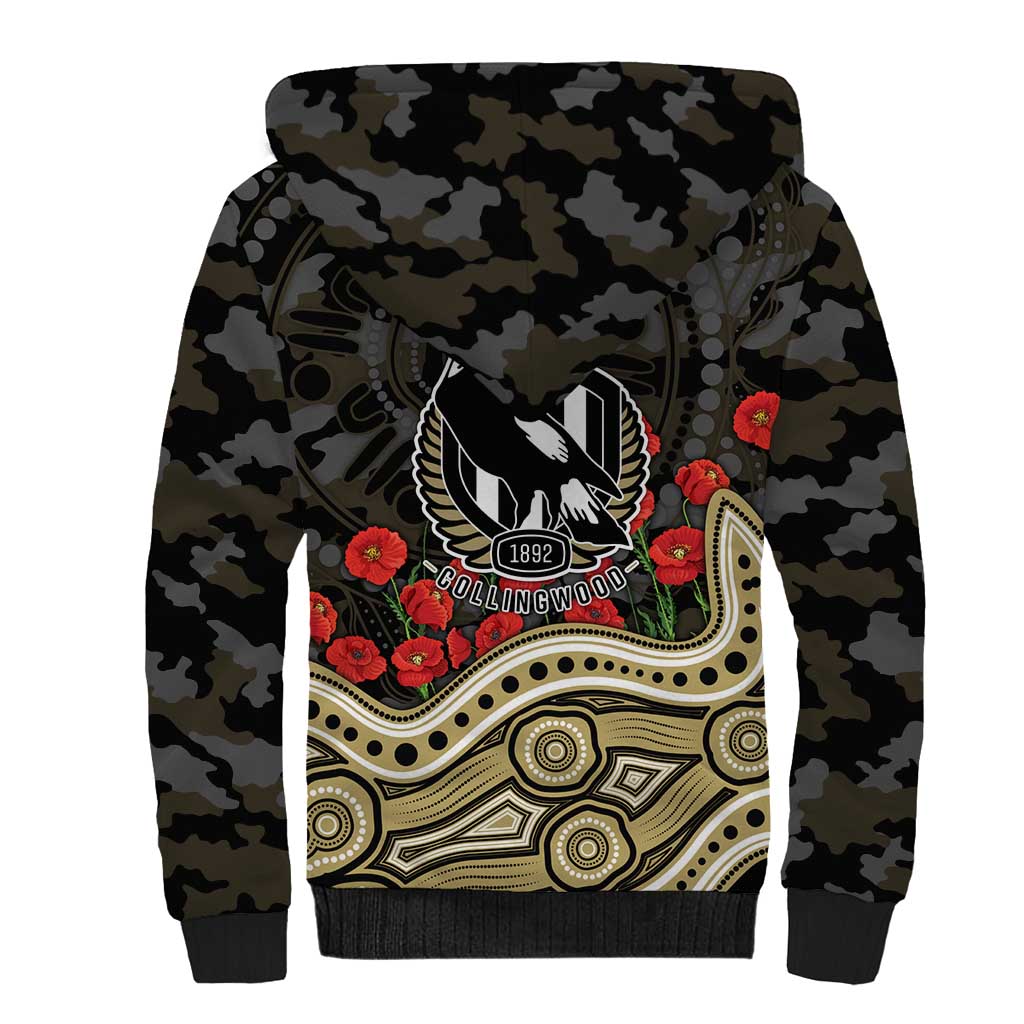 Collingwood Magpies ANZAC Day Sherpa Hoodie Indigenous Dot Art with Poppy Flower Tribute