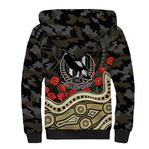Collingwood Magpies ANZAC Day Sherpa Hoodie Indigenous Dot Art with Poppy Flower Tribute