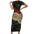 Collingwood Magpies ANZAC Day Short Sleeve Bodycon Dress Indigenous Dot Art with Poppy Flower Tribute