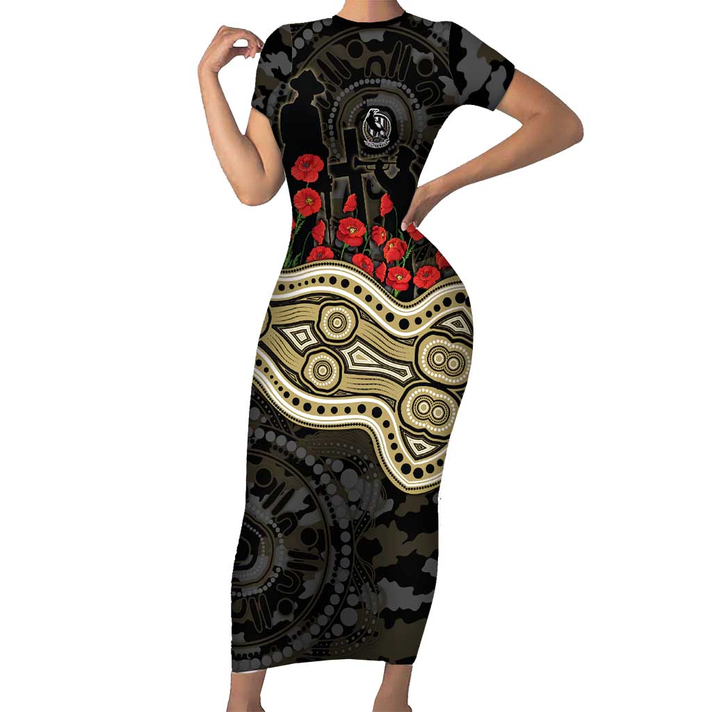 Collingwood Magpies ANZAC Day Short Sleeve Bodycon Dress Indigenous Dot Art with Poppy Flower Tribute