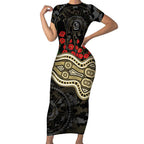 Collingwood Magpies ANZAC Day Short Sleeve Bodycon Dress Indigenous Dot Art with Poppy Flower Tribute