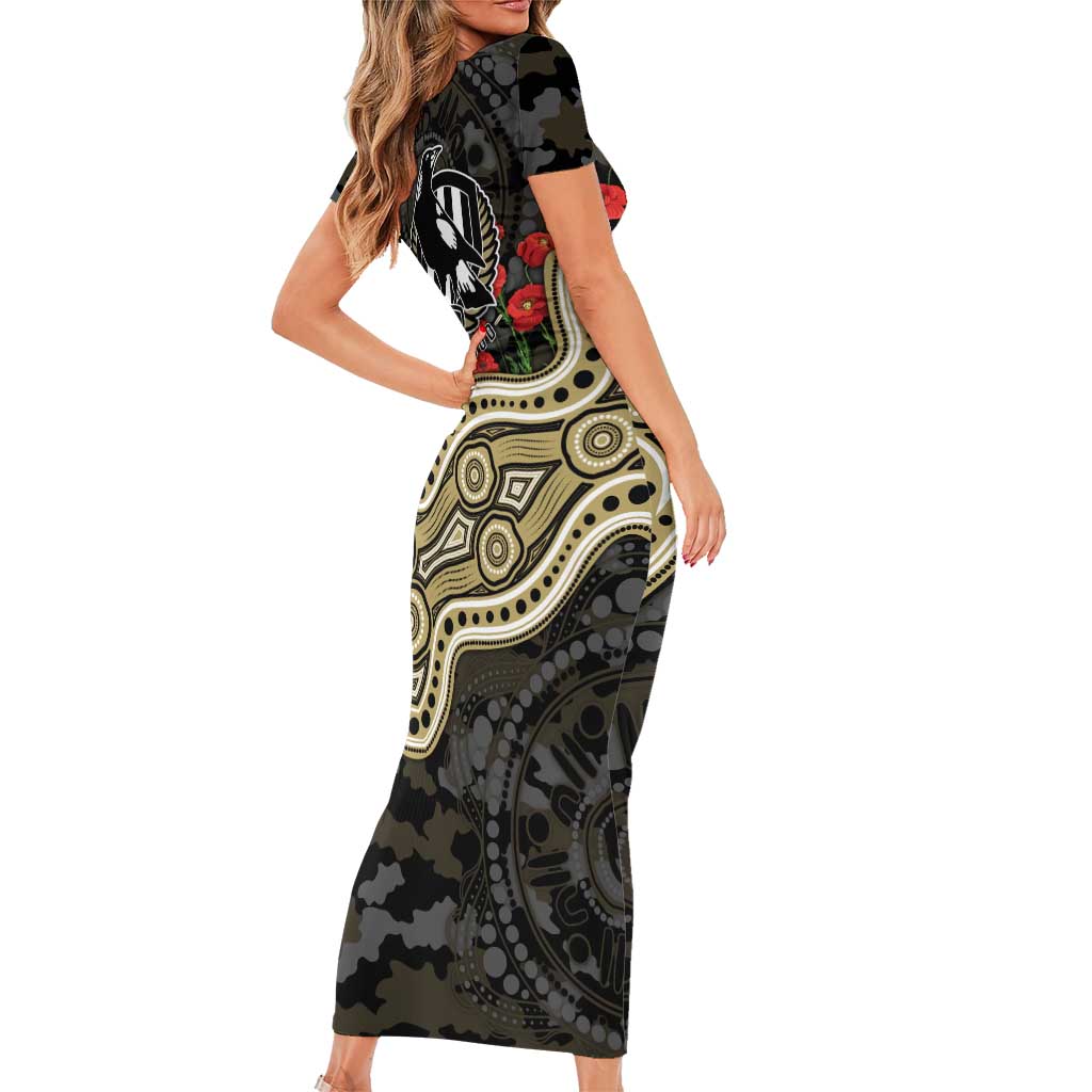 Collingwood Magpies ANZAC Day Short Sleeve Bodycon Dress Indigenous Dot Art with Poppy Flower Tribute