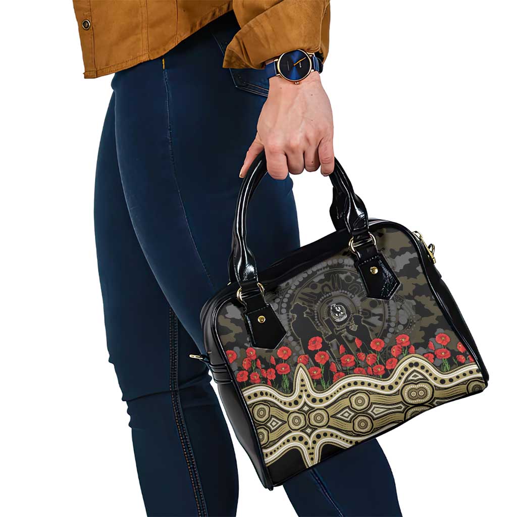 Collingwood Magpies ANZAC Day Shoulder Handbag Indigenous Dot Art with Poppy Flower Tribute