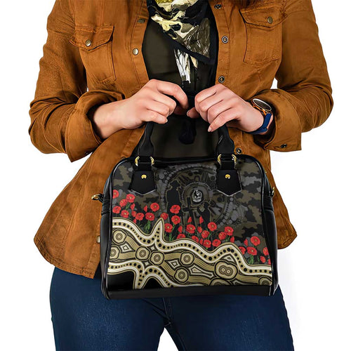 Collingwood Magpies ANZAC Day Shoulder Handbag Indigenous Dot Art with Poppy Flower Tribute
