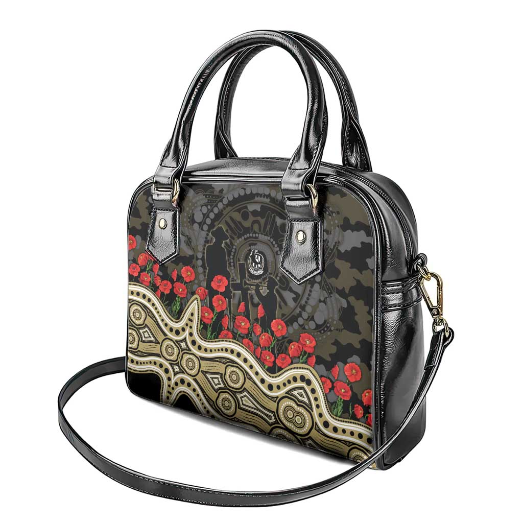 Collingwood Magpies ANZAC Day Shoulder Handbag Indigenous Dot Art with Poppy Flower Tribute