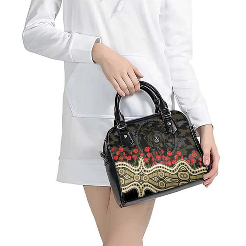 Collingwood Magpies ANZAC Day Shoulder Handbag Indigenous Dot Art with Poppy Flower Tribute