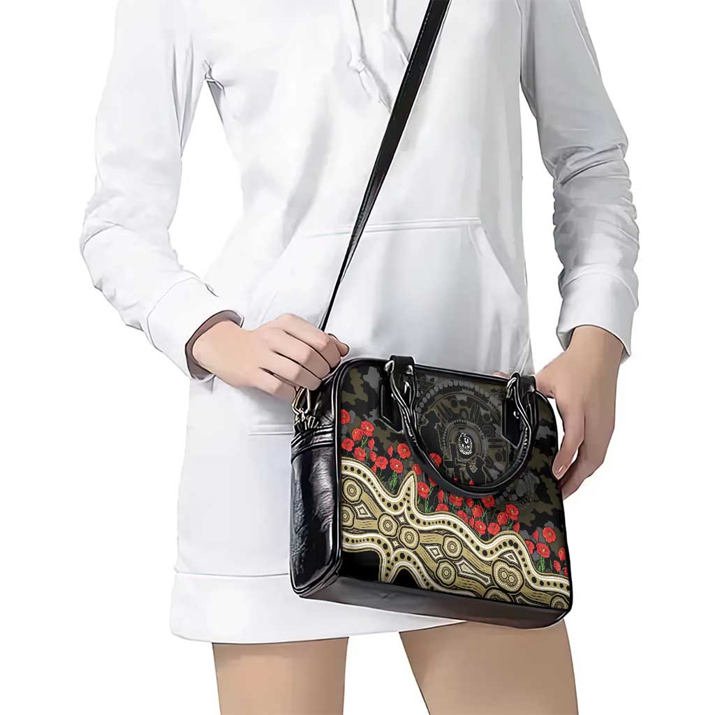 Collingwood Magpies ANZAC Day Shoulder Handbag Indigenous Dot Art with Poppy Flower Tribute