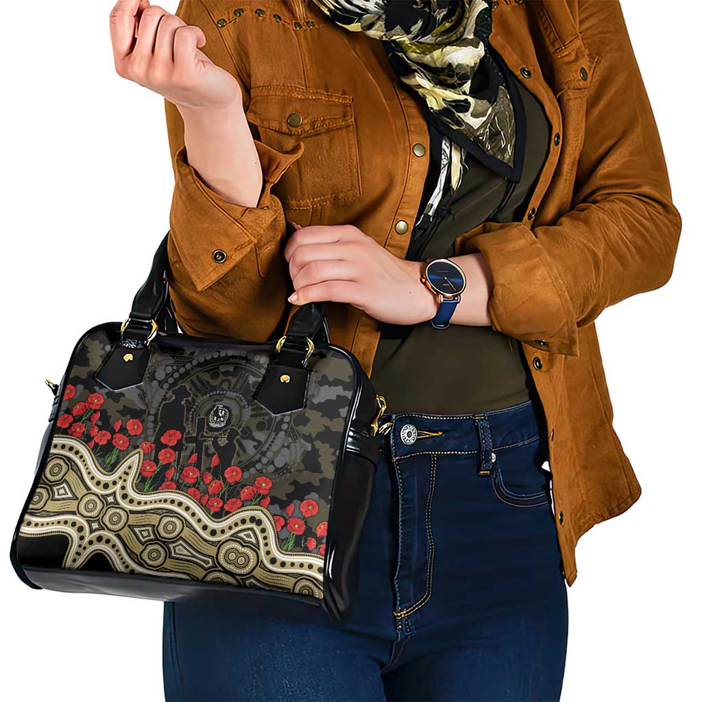 Collingwood Magpies ANZAC Day Shoulder Handbag Indigenous Dot Art with Poppy Flower Tribute