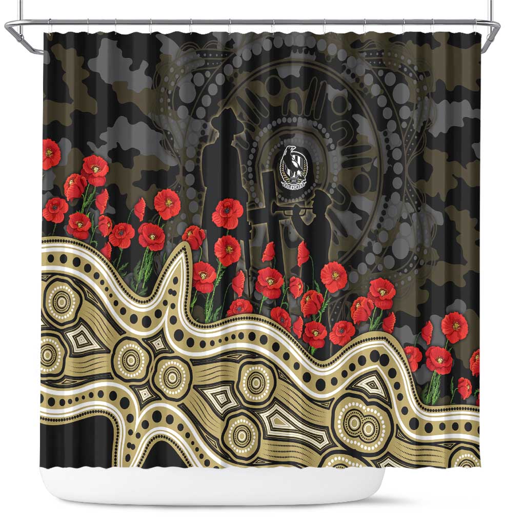 Collingwood Magpies ANZAC Day Shower Curtain Indigenous Dot Art with Poppy Flower Tribute