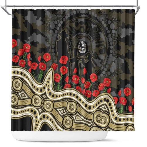 Collingwood Magpies ANZAC Day Shower Curtain Indigenous Dot Art with Poppy Flower Tribute